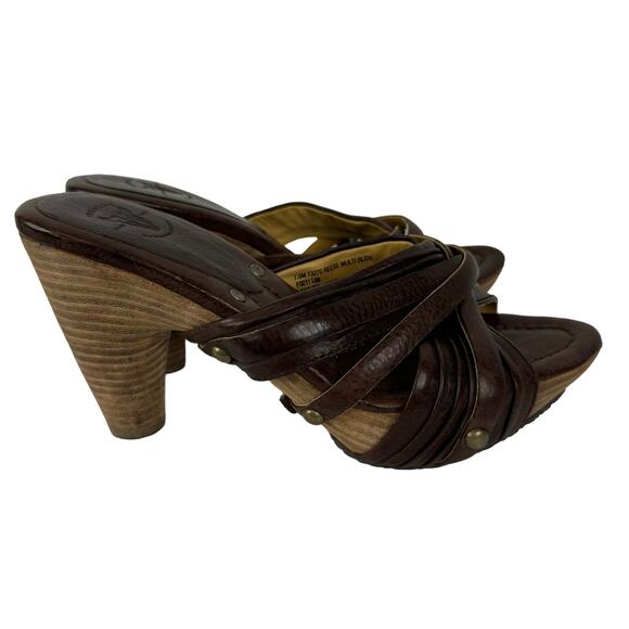 Frye Brown Leather Reese Multi Slide Heels 7.5 Stacked Cone Heel Slip On Sandals - Picture 1 of 9